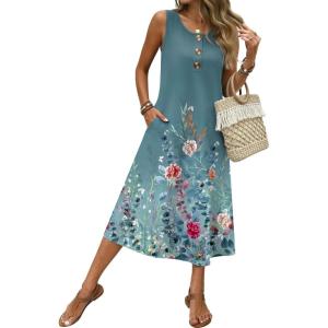 image:imageZeagoo Women Beach Summer Midi Dress 2026 Sleeveless Casual Beachy Sundress Button Down Loose Tank Dresses with PocketsFloral Gray Green