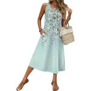 image:imageZeagoo Women Beach Summer Midi Dress 2026 Sleeveless Casual Beachy Sundress Button Down Loose Tank Dresses with PocketsFloral Green