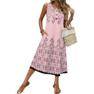 image:imageZeagoo Women Beach Summer Midi Dress 2026 Sleeveless Casual Beachy Sundress Button Down Loose Tank Dresses with PocketsFloral Pink