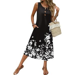 image:imageZeagoo Women Beach Summer Midi Dress 2026 Sleeveless Casual Beachy Sundress Button Down Loose Tank Dresses with PocketsFlowersblack