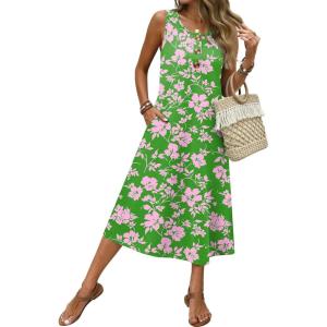 image:imageZeagoo Women Beach Summer Midi Dress 2026 Sleeveless Casual Beachy Sundress Button Down Loose Tank Dresses with PocketsGreen Pink