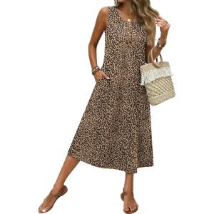 image:imageZeagoo Women Beach Summer Midi Dress 2026 Sleeveless Casual Beachy Sundress Button Down Loose Tank Dresses with PocketsLeopard Print