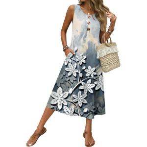 image:imageZeagoo Women Beach Summer Midi Dress 2026 Sleeveless Casual Beachy Sundress Button Down Loose Tank Dresses with PocketsMarble Flowers