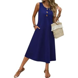 image:imageZeagoo Women Beach Summer Midi Dress 2026 Sleeveless Casual Beachy Sundress Button Down Loose Tank Dresses with PocketsNavy