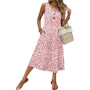 image:imageZeagoo Women Beach Summer Midi Dress 2026 Sleeveless Casual Beachy Sundress Button Down Loose Tank Dresses with PocketsPink White