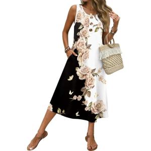 image:imageZeagoo Women Beach Summer Midi Dress 2026 Sleeveless Casual Beachy Sundress Button Down Loose Tank Dresses with PocketsRose