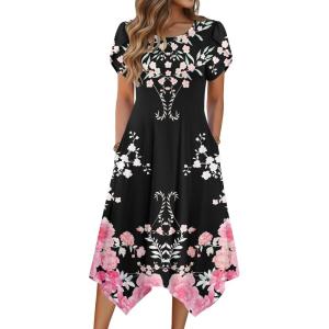 image:imageZeagoo Womens Casual Dress for Summer Short Sleeve Loose Flowy Beach Dress with Pockets Hankerchief Flare Midi Sundress 2026Black Pink Flower