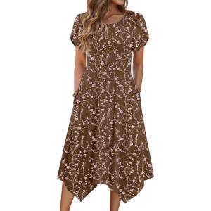 image:imageZeagoo Womens Casual Dress for Summer Short Sleeve Loose Flowy Beach Dress with Pockets Hankerchief Flare Midi Sundress 2026Coffee