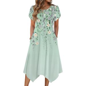 image:imageZeagoo Womens Casual Dress for Summer Short Sleeve Loose Flowy Beach Dress with Pockets Hankerchief Flare Midi Sundress 2026Light Green