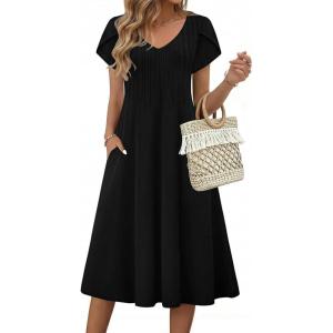 image:imageZeagoo Womens Casual Summer Dress 2026 Short Sleeve Dresses Pleats Midi A Line Flowy Dress Boho Beach Sundress with PocketsBlack