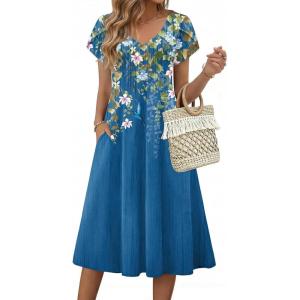image:imageZeagoo Womens Casual Summer Dress 2026 Short Sleeve Dresses Pleats Midi A Line Flowy Dress Boho Beach Sundress with PocketsFloral Blue