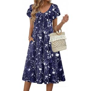 image:imageZeagoo Womens Casual Summer Dress 2026 Short Sleeve Dresses Pleats Midi A Line Flowy Dress Boho Beach Sundress with PocketsFloral Blue White