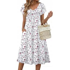 image:imageZeagoo Womens Casual Summer Dress 2026 Short Sleeve Dresses Pleats Midi A Line Flowy Dress Boho Beach Sundress with PocketsFloral White Red