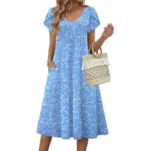 image:imageZeagoo Womens Casual Summer Dress 2026 Short Sleeve Dresses Pleats Midi A Line Flowy Dress Boho Beach Sundress with PocketsFlorallight Blue