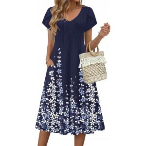 image:imageZeagoo Womens Casual Summer Dress 2026 Short Sleeve Dresses Pleats Midi A Line Flowy Dress Boho Beach Sundress with PocketsFlower Blue