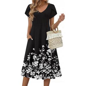 image:imageZeagoo Womens Casual Summer Dress 2026 Short Sleeve Dresses Pleats Midi A Line Flowy Dress Boho Beach Sundress with PocketsFlowers Black