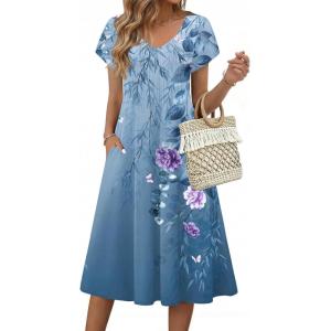 image:imageZeagoo Womens Casual Summer Dress 2026 Short Sleeve Dresses Pleats Midi A Line Flowy Dress Boho Beach Sundress with PocketsFlowersblue