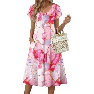 image:imageZeagoo Womens Casual Summer Dress 2026 Short Sleeve Dresses Pleats Midi A Line Flowy Dress Boho Beach Sundress with PocketsPatternpink