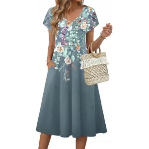 image:imageZeagoo Womens Casual Summer Dress 2026 Short Sleeve Dresses Pleats Midi A Line Flowy Dress Boho Beach Sundress with PocketsPlants Gray
