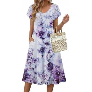 image:imageZeagoo Womens Casual Summer Dress 2026 Short Sleeve Dresses Pleats Midi A Line Flowy Dress Boho Beach Sundress with PocketsPurple White