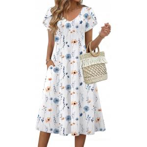 image:imageZeagoo Womens Casual Summer Dress 2026 Short Sleeve Dresses Pleats Midi A Line Flowy Dress Boho Beach Sundress with PocketsWhite Blue