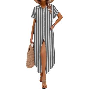 image:imageZeagoo Womens Summer Casual Short Sleeve Button Down Long Shirt Dresses Loose Swimsuit Beach Cover Ups with PocketsBlack Wide Stripes