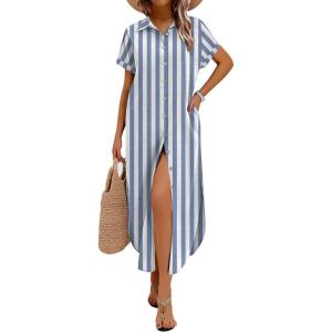 image:imageZeagoo Womens Summer Casual Short Sleeve Button Down Long Shirt Dresses Loose Swimsuit Beach Cover Ups with PocketsBlue Wide Stripes