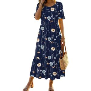 image:imageZeagoo Womens Summer Dresses 2026 Casual Midi Dress Flowy Sundress Ruffle Short Sleeve Tiered Dresses A Line Boho DressAnavy Floral 01