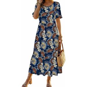 image:imageZeagoo Womens Summer Dresses 2026 Casual Midi Dress Flowy Sundress Ruffle Short Sleeve Tiered Dresses A Line Boho DressBoho Printed