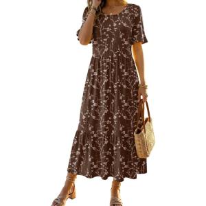 image:imageZeagoo Womens Summer Dresses 2026 Casual Midi Dress Flowy Sundress Ruffle Short Sleeve Tiered Dresses A Line Boho DressBrown Floral