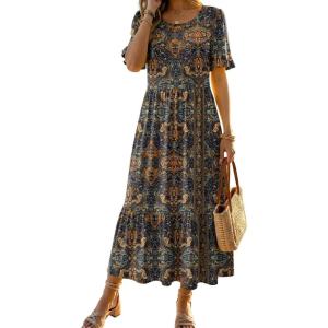 image:imageZeagoo Womens Summer Dresses 2026 Casual Midi Dress Flowy Sundress Ruffle Short Sleeve Tiered Dresses A Line Boho DressChic Printed 02