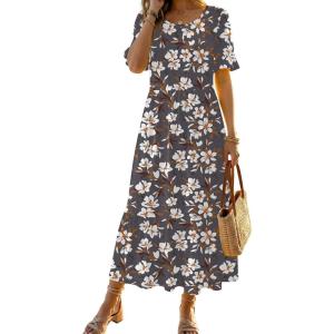 image:imageZeagoo Womens Summer Dresses 2026 Casual Midi Dress Flowy Sundress Ruffle Short Sleeve Tiered Dresses A Line Boho DressGrey Flower