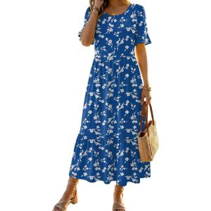 image:imageZeagoo Womens Summer Dresses 2026 Casual Midi Dress Flowy Sundress Ruffle Short Sleeve Tiered Dresses A Line Boho DressNavy Floral 02