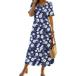 image:imageZeagoo Womens Summer Dresses 2026 Casual Midi Dress Flowy Sundress Ruffle Short Sleeve Tiered Dresses A Line Boho DressNavy Floral 03