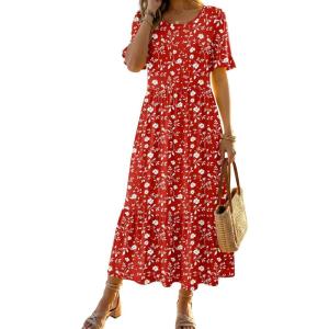 image:imageZeagoo Womens Summer Dresses 2026 Casual Midi Dress Flowy Sundress Ruffle Short Sleeve Tiered Dresses A Line Boho DressRed Floral