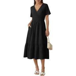 image:imageZeagoo Womens Summer Warp VNeck Casual Dresses Short Sleeve Midi Floral Dress with Pockets Tiered Flowy A Line SundressBlack