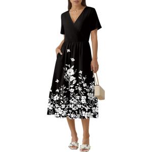 image:imageZeagoo Womens Summer Warp VNeck Casual Dresses Short Sleeve Midi Floral Dress with Pockets Tiered Flowy A Line SundressBlack White Floral
