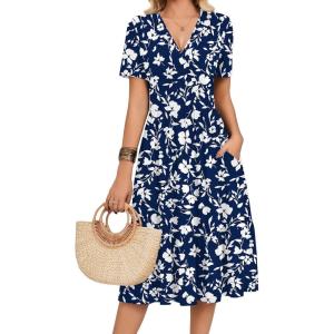 image:imageZeagoo Womens Summer Warp VNeck Casual Dresses Short Sleeve Midi Floral Dress with Pockets Tiered Flowy A Line SundressBlue White Floral