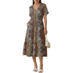 image:imageZeagoo Womens Summer Warp VNeck Casual Dresses Short Sleeve Midi Floral Dress with Pockets Tiered Flowy A Line SundressBohemian Orange