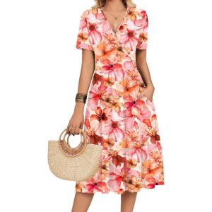 image:imageZeagoo Womens Summer Warp VNeck Casual Dresses Short Sleeve Midi Floral Dress with Pockets Tiered Flowy A Line SundressPink Floral