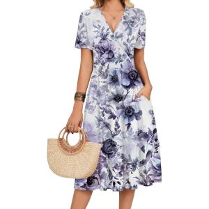 image:imageZeagoo Womens Summer Warp VNeck Casual Dresses Short Sleeve Midi Floral Dress with Pockets Tiered Flowy A Line SundressPurple Floral