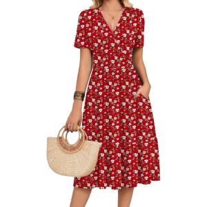 image:imageZeagoo Womens Summer Warp VNeck Casual Dresses Short Sleeve Midi Floral Dress with Pockets Tiered Flowy A Line SundressRed Floral