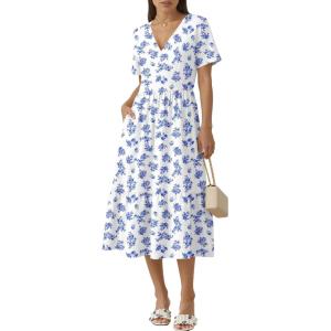 image:imageZeagoo Womens Summer Warp VNeck Casual Dresses Short Sleeve Midi Floral Dress with Pockets Tiered Flowy A Line SundressWhite Blue Floral