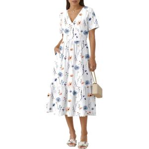 image:imageZeagoo Womens Summer Warp VNeck Casual Dresses Short Sleeve Midi Floral Dress with Pockets Tiered Flowy A Line SundressWhite Floral