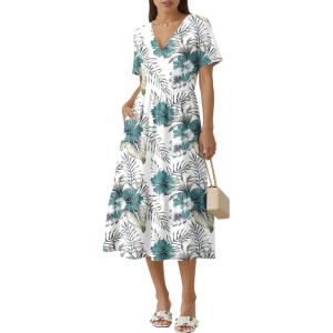 image:imageZeagoo Womens Summer Warp VNeck Casual Dresses Short Sleeve Midi Floral Dress with Pockets Tiered Flowy A Line SundressWhite Green Leaf
