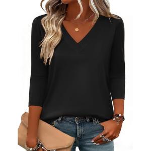 image:imageZeagoo 34 Length Sleeve Womens Tops V Neck Shirt Dressy Casual Blouse Basic Tshirts 2026 Fashion Clothing S2XLBlack
