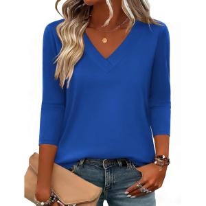 image:imageZeagoo 34 Length Sleeve Womens Tops V Neck Shirt Dressy Casual Blouse Basic Tshirts 2026 Fashion Clothing S2XLBlue