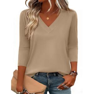 image:imageZeagoo 34 Length Sleeve Womens Tops V Neck Shirt Dressy Casual Blouse Basic Tshirts 2026 Fashion Clothing S2XLKhaki