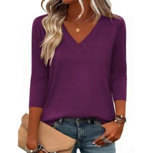 image:imageZeagoo 34 Length Sleeve Womens Tops V Neck Shirt Dressy Casual Blouse Basic Tshirts 2026 Fashion Clothing S2XLPurple