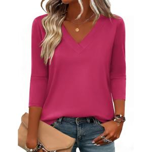 image:imageZeagoo 34 Length Sleeve Womens Tops V Neck Shirt Dressy Casual Blouse Basic Tshirts 2026 Fashion Clothing S2XLRose Red